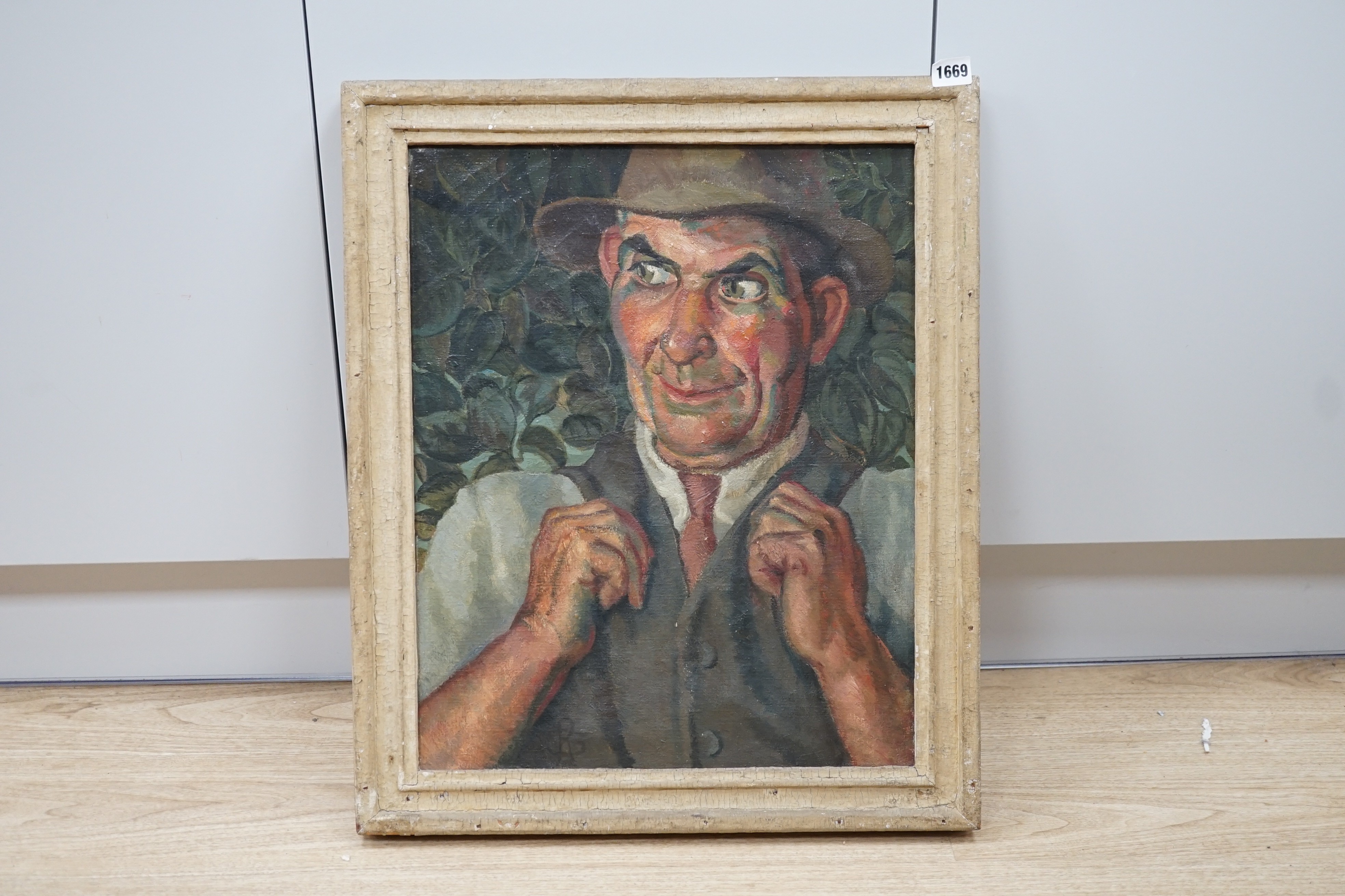 Rowena Grafton, 20th century modern, oil on canvas, The Gardener, monogrammed, 50 x 40cm